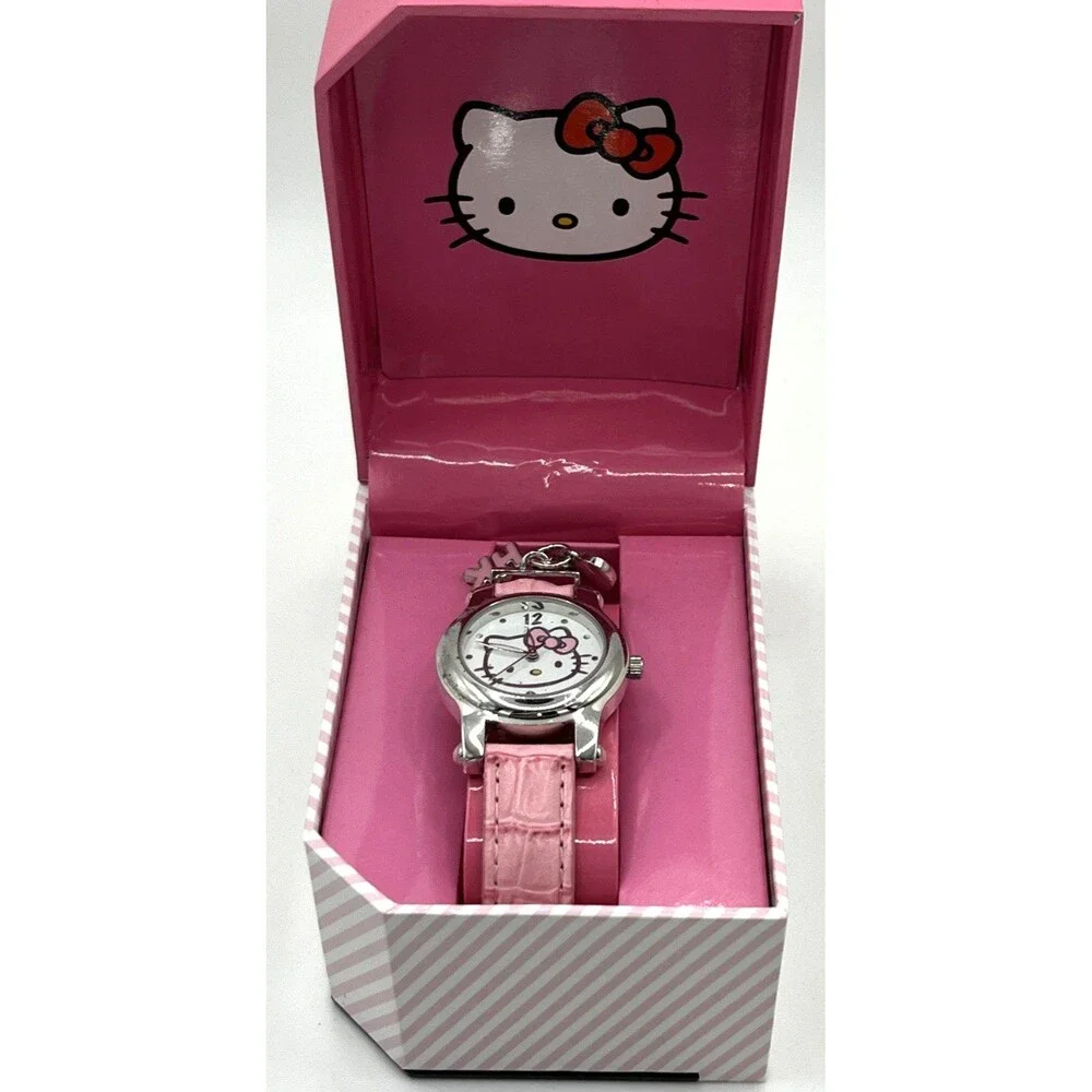 Sanrio Hello Kitty Watch Pink Charms Leather Croc Band Original Box Need Battery